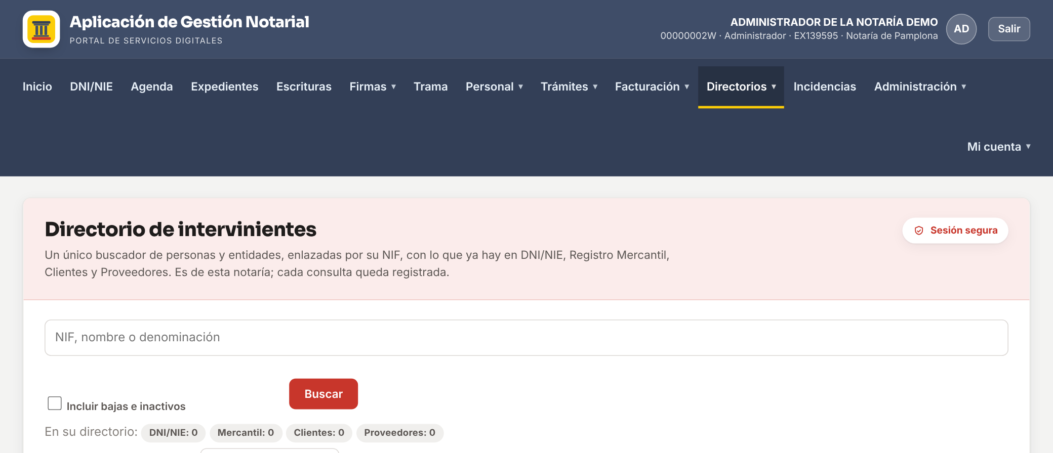Pantalla de Directorios: Directorio de intervinientes