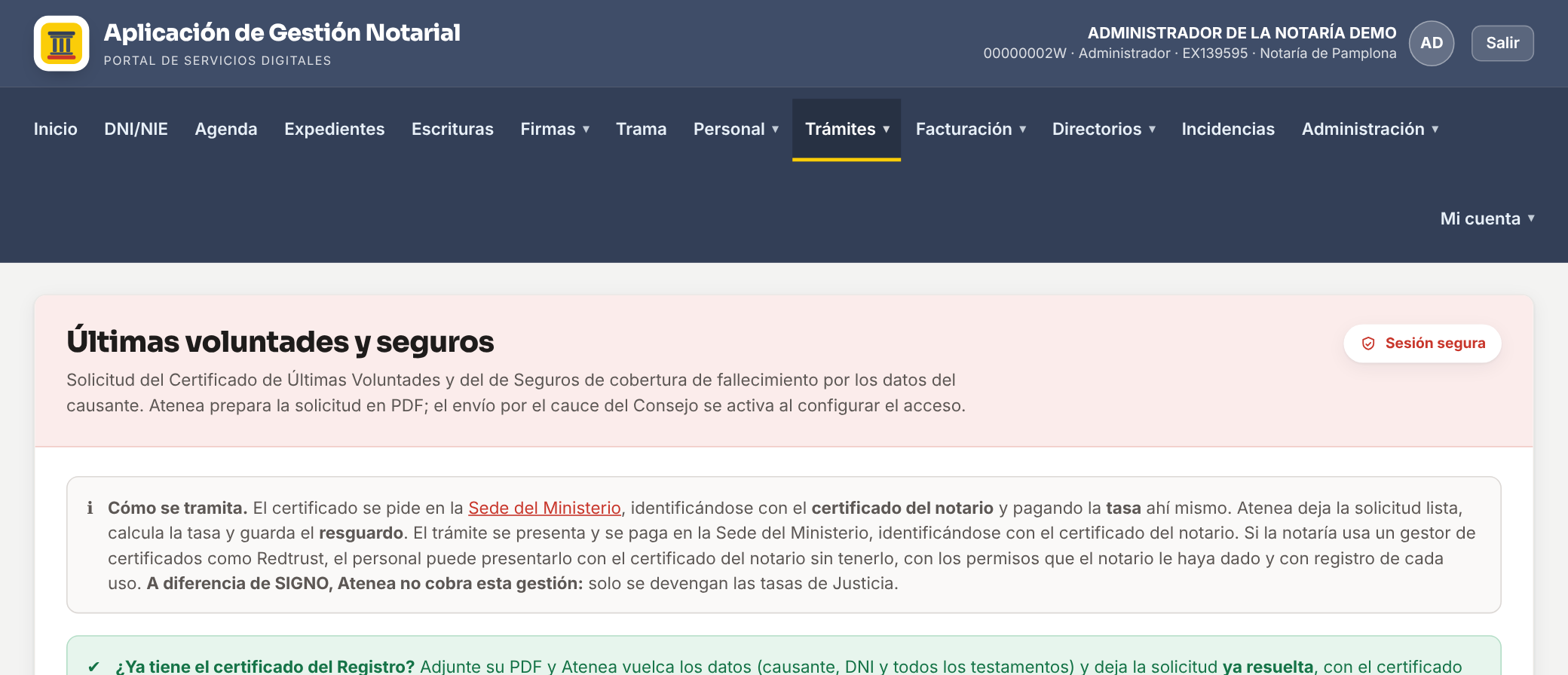Pantalla de Trámites: Últimas voluntades y seguros